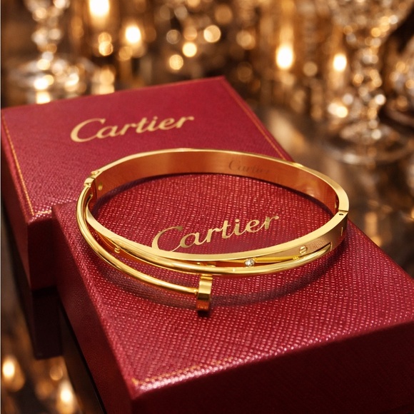 Cartier Gold Double Nail Bangle with Crystal Accents